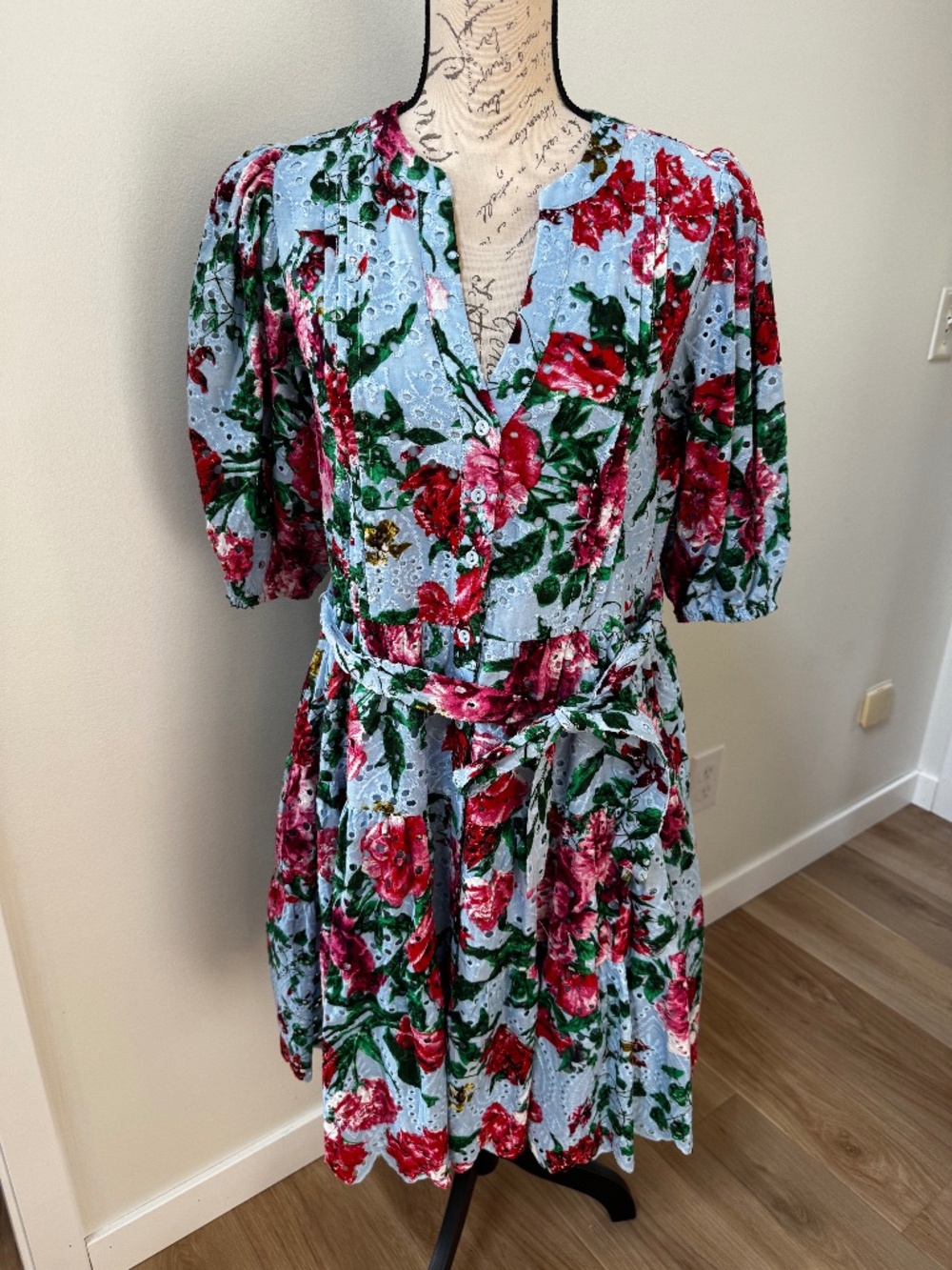 Floral Eyelet Mini Dress Puff Sleeve Embroidered Blue Gibson Latimer Medium NWT